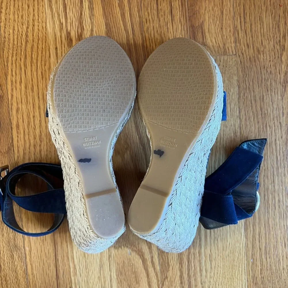 Stuart Weitzman High Chunky Platform Sandal 9.5 M Blue Suede Strappy‎ Wedge Heel